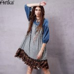 Artka Women's Spring New Ethnic Printed Denim Patchwork Dress Stand Collar Half Sleeve Dress With Ruffles LA14153C