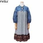 Artka Women's Spring New Ethnic Printed Denim Patchwork Dress Stand Collar Half Sleeve Dress With Ruffles LA14153C