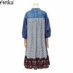 Artka Women's Spring New Ethnic Printed Denim Patchwork Dress Stand Collar Half Sleeve Dress With Ruffles LA14153C