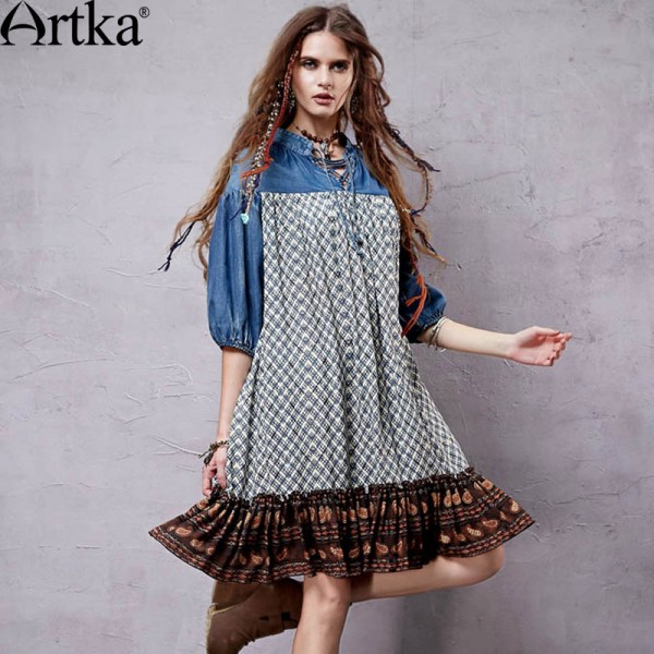 Artka Women's Spring New Ethnic Printed Denim Patchwork Dress Stand Collar Half Sleeve Dress With Ruffles LA14153C