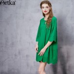 Artka Women's Spring New Fashion Solid Color Embroidery Cotton Dress Vintage O-neck Half Sleeve Drapped Dress LA12266C