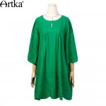 Artka Women's Spring New Fashion Solid Color Embroidery Cotton Dress Vintage O-neck Half Sleeve Drapped Dress LA12266C
