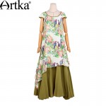 Artka Women's Spring New Floral Printed Double Layer Dress Vintage O-Neck Short Sleeve Ankle-Length Wide Hem Dress LA14256C