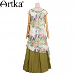 Artka Women's Spring New Floral Printed Double Layer Dress Vintage O-Neck Short Sleeve Ankle-Length Wide Hem Dress LA14256C