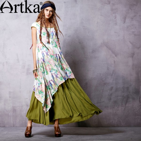 Artka Women's Spring New Floral Printed Double Layer Dress Vintage O-Neck Short Sleeve Ankle-Length Wide Hem Dress LA14256C