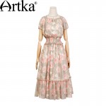 Artka Women's Spring New Printed Chiffon Dress Vintage Slash Neck Off Shoulder Sleeve Cinchec Waist Wide Hem Dress LA11862C