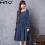 Artka Women's Spring New Solid Color Embroidery Dress Vintage Square Collar Long Sleeve Drawstring Waist Dress LA11660Q