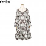 Artka Women's Spring New Vintage Baroque Queen series Printed Slim Fit Knee-length O-Neck Long Sleeve Cotton Dress LA11763C