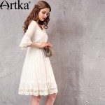 Artka Women's Spring New White Lace Patchwork Cotton Dress Vintage O-Neck Puff Sleeve Empire Waist All-match Dress LA10660C