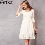 Artka Women's Spring New White Lace Patchwork Cotton Dress Vintage O-Neck Puff Sleeve Empire Waist All-match Dress LA10660C