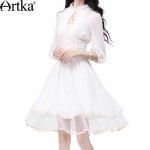 Artka Women's Spring Slim Cut Delicate Lace Embroidery Three Quarter Sleeve Stand Collar  Cinched Waist Swing Hem Dress LA10730X