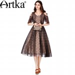 Artka Women's Summer New 2 Colors Printed Chiffon Dress O-Neck Petal Sleeve Drawstring Waist Wide Hem Dress LA18152X