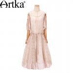 Artka Women's Summer New 2 Colors Printed Chiffon Dress O-Neck Petal Sleeve Drawstring Waist Wide Hem Dress LA18152X