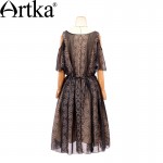Artka Women's Summer New 2 Colors Printed Chiffon Dress O-Neck Petal Sleeve Drawstring Waist Wide Hem Dress LA18152X