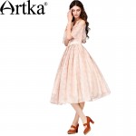 Artka Women's Summer New 2 Colors Printed Chiffon Dress O-Neck Petal Sleeve Drawstring Waist Wide Hem Dress LA18152X