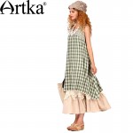 Artka Women's Summer New Plaid Patchwork Cotton Dress Fashion O-Neck Sleeveless Mid-Calf Irregular Hem Dress L114053X