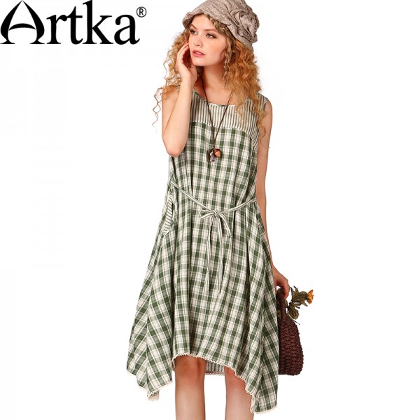 Artka Women's Summer New Plaid Patchwork Cotton Dress Fashion O-Neck Sleeveless Mid-Calf Irregular Hem Dress L114053X