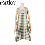 Artka Women's Summer New Plaid Patchwork Cotton Dress Fashion O-Neck Sleeveless Mid-Calf Irregular Hem Dress L114053X