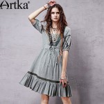 Artka Women's Summer New Vintage Lantern Sleeve Cotton Hollow out Short Sleeve Knee-Length Casual Dress LA14354X
