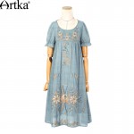 Artka Women's Summer New Vintage O-Neck Short Sleeve Embroidery Cutton Loose Style Comfy Dress LA10262C