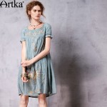 Artka Women's Summer New Vintage O-Neck Short Sleeve Embroidery Cutton Loose Style Comfy Dress LA10262C