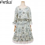 Artka Women's Summer Vintage Floral Printed Dress O-neck Three Quarter Sleeve Dress With Lace & Ruffles L114553X