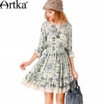 Artka Women's Summer Vintage Floral Printed Dress O-neck Three Quarter Sleeve Dress With Lace & Ruffles L114553X