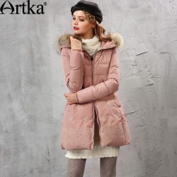 Artka Women's Winter New 2 Colors Embroidery Down Coat Vintage Hoodie Long Sleeve Casual Warm Outerwear ZK10157D