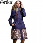 Artka Women's Winter New Ethnic Patchwork Padded Coat Vintage Hooded Long Sleeve Drawstring Waist Quilted Outerwear MA15157D