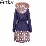 Artka Women's Winter New Ethnic Patchwork Padded Coat Vintage Hooded Long Sleeve Drawstring Waist Quilted Outerwear MA15157D