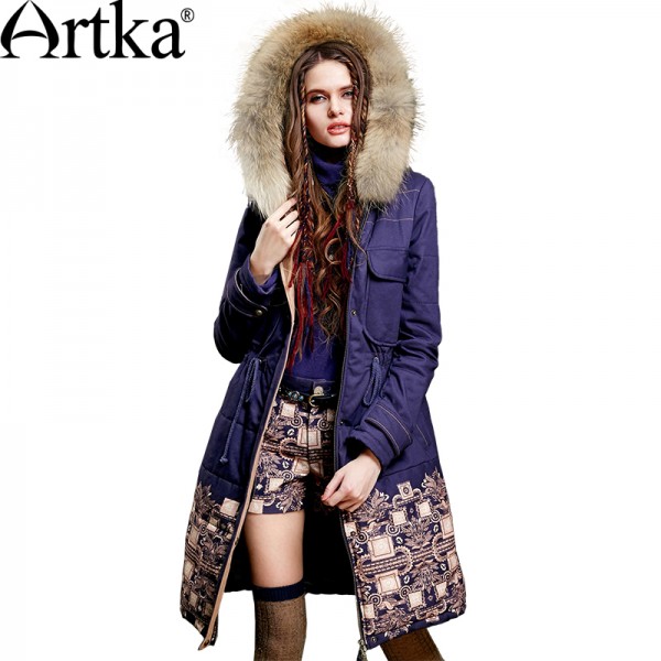 Artka Women's Winter New Ethnic Patchwork Padded Coat Vintage Hooded Long Sleeve Drawstring Waist Quilted Outerwear MA15157D