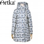 Artka Women's Winter New Ethnic Printed 90% White Duck Down Coat Vintage Hooded Long Sleeve Slim Fit Down Coat ZK16159D