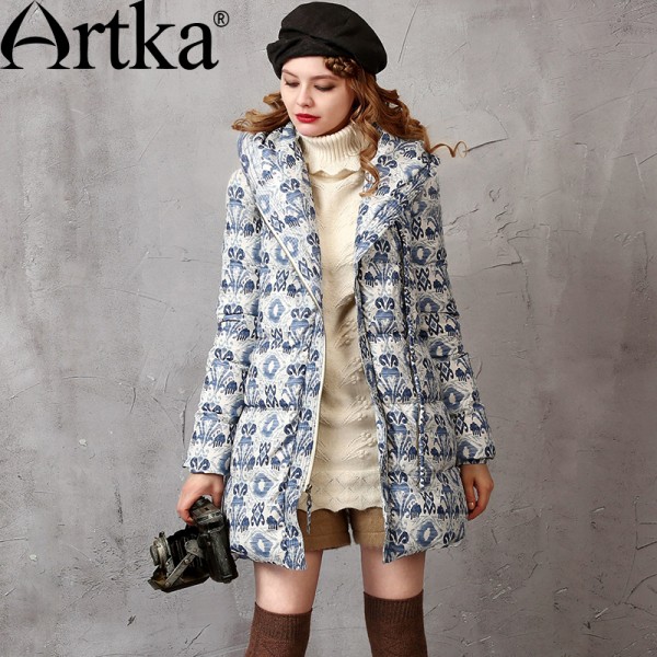 Artka Women's Winter New Ethnic Printed 90% White Duck Down Coat Vintage Hooded Long Sleeve Slim Fit Down Coat ZK16159D