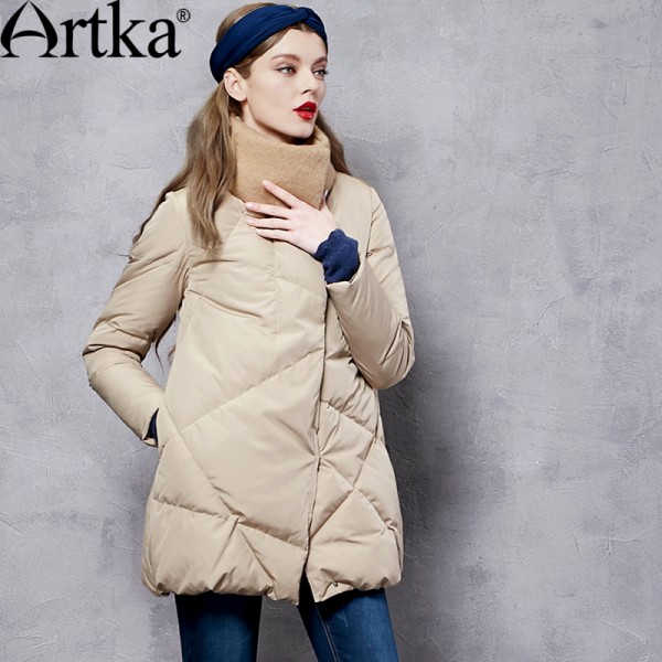 Artka Women's Winter New Patchwork 90% Down Outerwear Vintage Wind-proof Collar Long Sleeve Wide-waisted Down Coat ZK11365D