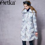 Artka Women's Winter New Printed 90% White Duck Down Coat Vintage Turn-down Collar Long Sleeve  Down Coat With Sashes ZK10553D