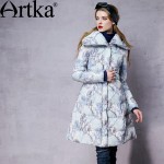 Artka Women's Winter New Printed 90% White Duck Down Coat Vintage Turn-down Collar Long Sleeve  Down Coat With Sashes ZK10553D