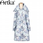 Artka Women's Winter New Printed 90% White Duck Down Coat Vintage Turn-down Collar Long Sleeve  Down Coat With Sashes ZK10553D