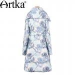 Artka Women's Winter New Printed 90% White Duck Down Coat Vintage Turn-down Collar Long Sleeve  Down Coat With Sashes ZK10553D