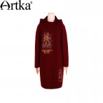 Artka Women's Winter New Solid Color Ethnic Embroidery Woolen Coat Vintage Hooded Long Sleeve Wool Outerwear FA11660Q