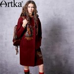Artka Women's Winter New Solid Color Ethnic Embroidery Woolen Coat Vintage Hooded Long Sleeve Wool Outerwear FA11660Q