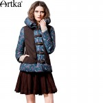 Artka Women's Winter Printed Woolen Patchwork Down Outerwear Vintage Stand Collar Long Sleeve Horn Botton Down Coat DK10565D