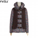 Artka Women's Winter Printed Woolen Patchwork Down Outerwear Vintage Stand Collar Long Sleeve Horn Botton Down Coat DK10565D