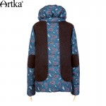 Artka Women's Winter Printed Woolen Patchwork Down Outerwear Vintage Stand Collar Long Sleeve Horn Botton Down Coat DK10565D