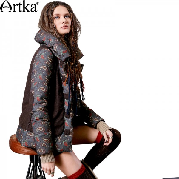 Artka Women's Winter Printed Woolen Patchwork Down Outerwear Vintage Stand Collar Long Sleeve Horn Botton Down Coat DK10565D