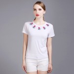 Aselnn 2017 New Women Fahison Beaded Appliques T Shirts Summer Slim Female Short Sleeve O-neck Beaded T Shirt Designs Tops