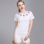 Aselnn 2017 New Women Fahison Beaded Appliques T Shirts Summer Slim Female Short Sleeve O-neck Beaded T Shirt Designs Tops