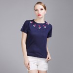 Aselnn 2017 New Women Fahison Beaded Appliques T Shirts Summer Slim Female Short Sleeve O-neck Beaded T Shirt Designs Tops