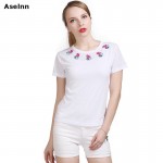 Aselnn 2017 New Women Fahison Beaded Appliques T Shirts Summer Slim Female Short Sleeve O-neck Beaded T Shirt Designs Tops