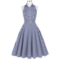 Audrey Hepbrun 50s 60s Dresses Women Summer Vintage Retro Swing Dress Pinup Rockabilly Striped Sleeveless Casual Shirt Dress