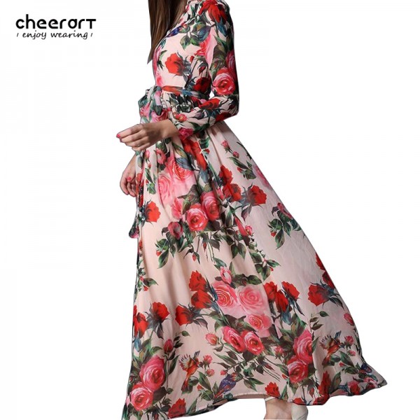 Autumn 2016 Women Long Sleeve Maxi Dress Long Chiffon Floral Print Pink Bohemian Bodycon Boho Dresses Clothing